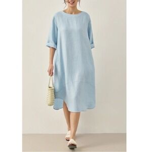 Lintico Women's Baby Blue 100% Linen Bateau Neck‎ Midi Dress NWT Size S